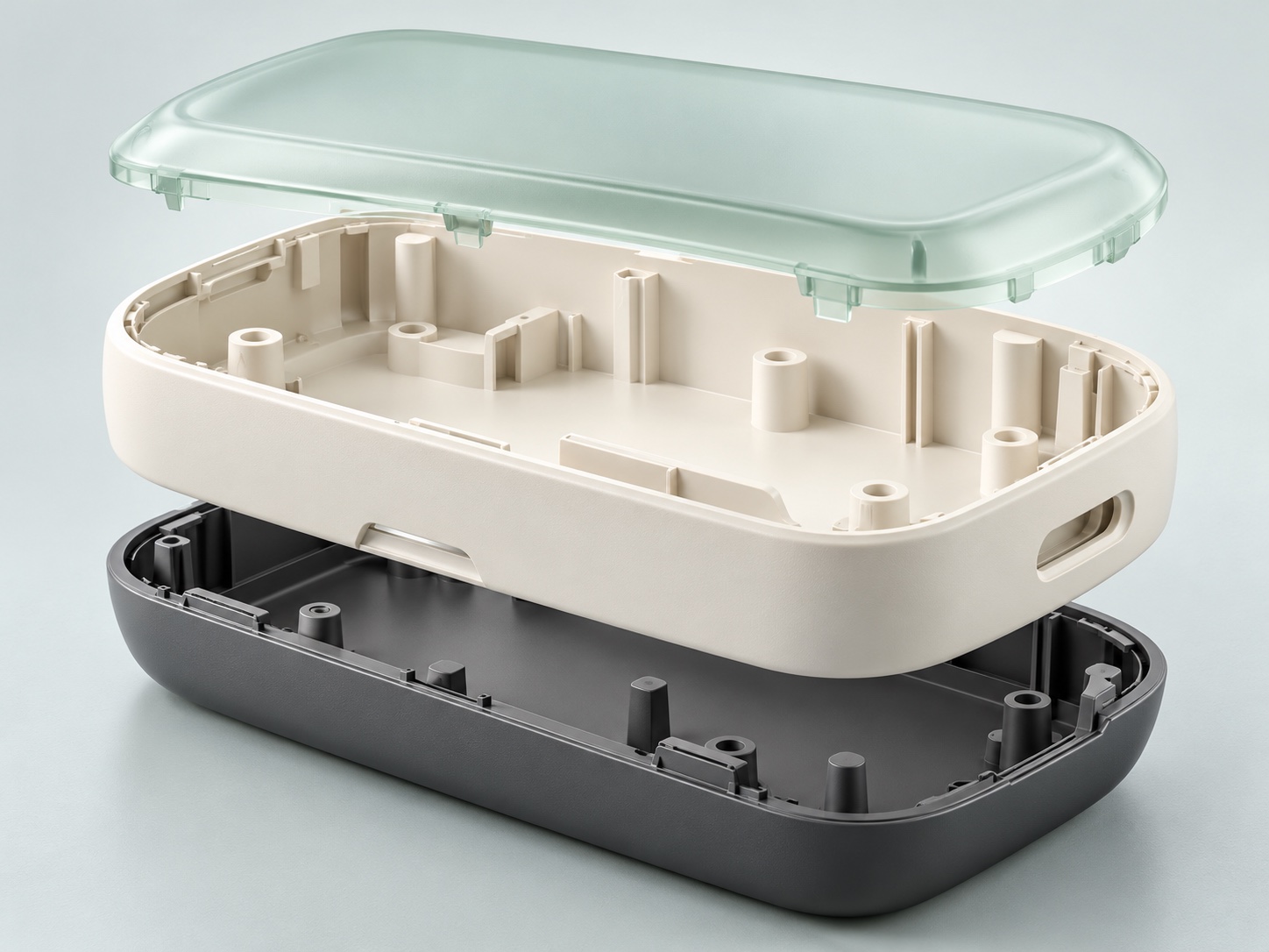 Exploded concept model of a precision plastic enclosure with a translucent mint lid